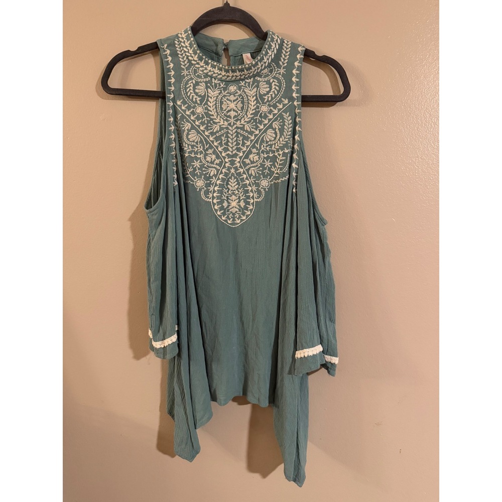 Xhilaration Teal Embroidered Cold Shoulder Mock Neck‎ Tunic Top Size M